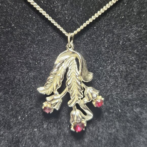 Vintage Red Aurora Borealis Crystal Floral Pendant Necklace Silver Tone 16" - Picture 4 of 15